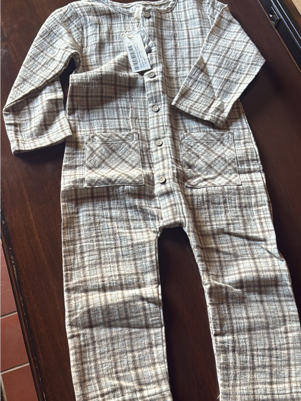 Quincy Mae Neutral Plaid One-Piece Jumpsuit in Beige and Gray